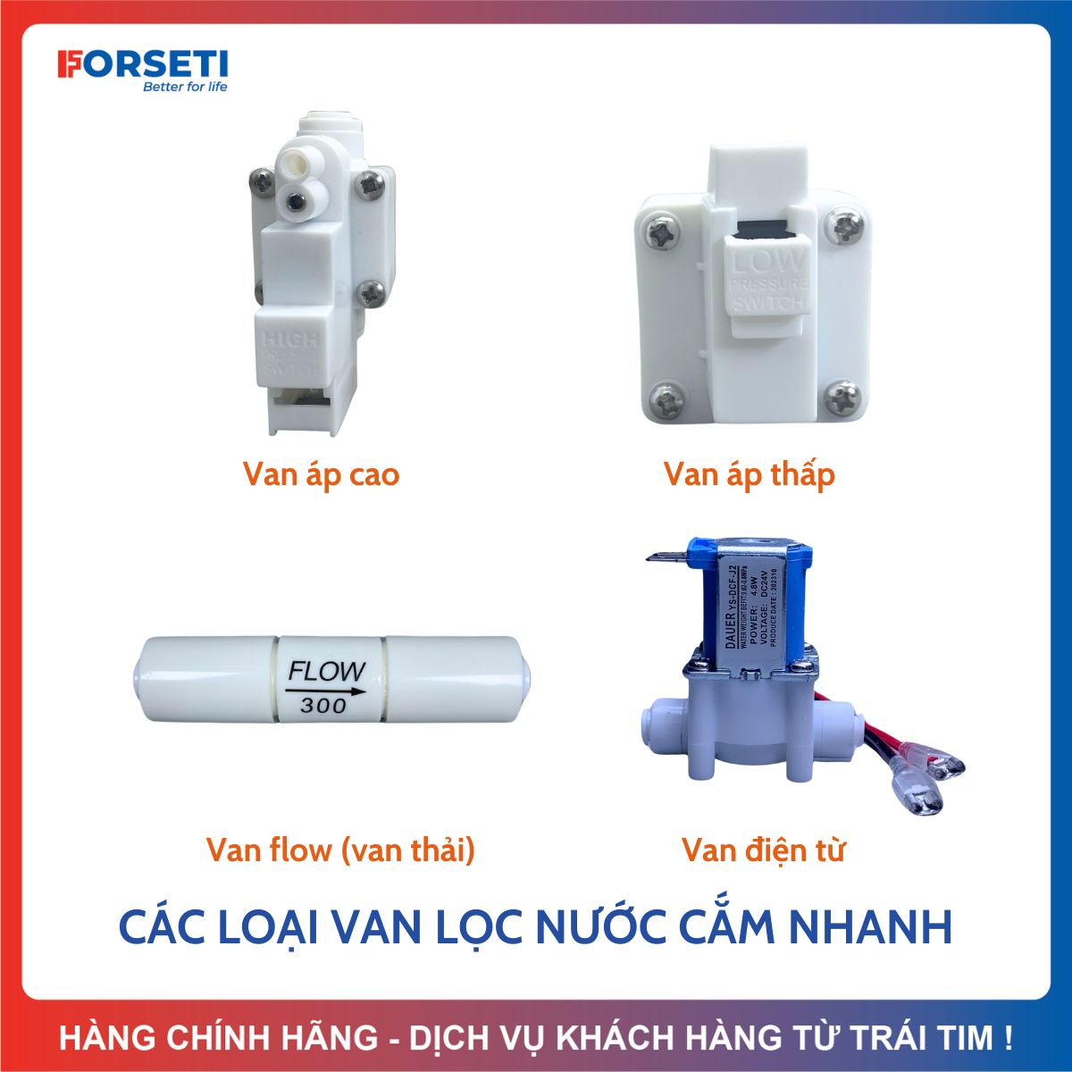 Van áp cao, van áp thấp, van điện từ, van thải flow 300 dây nối nhanh phi 6 cho máy lọc nước ro