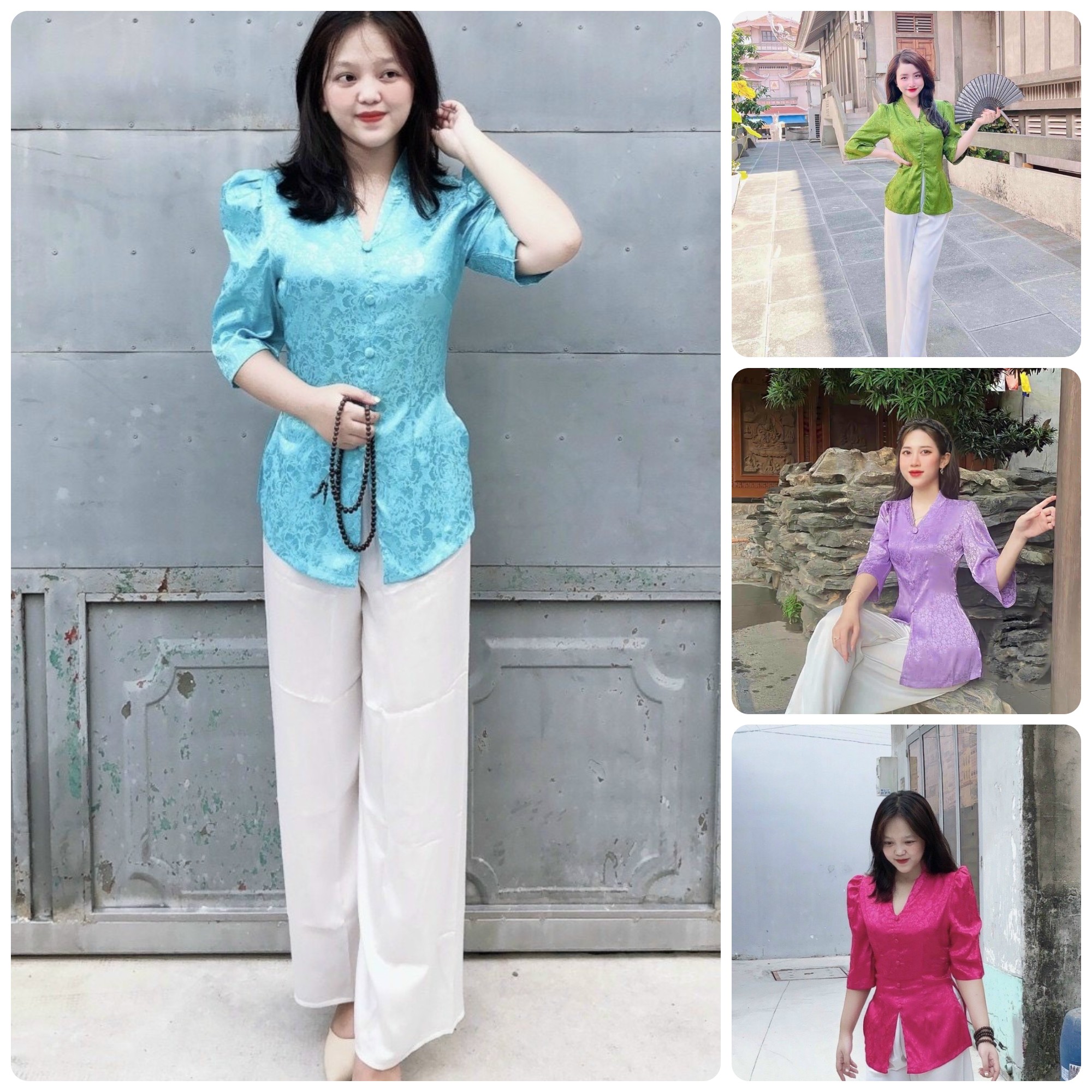 ÁO BÀ BA GẤM CỔ TIM TAY PHỒNG