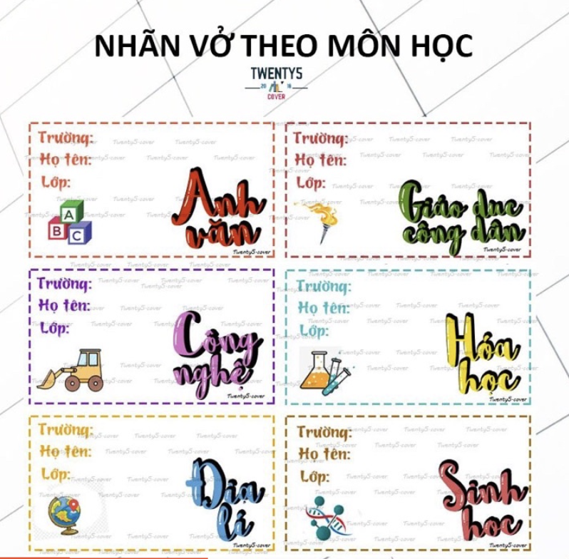 Set nhãn vở theo môn mẫu số 01