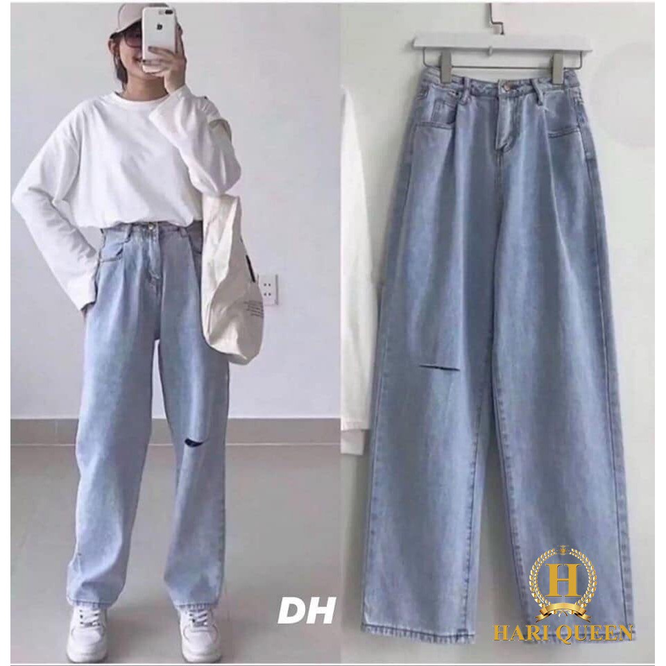 Quần bò ống rộng rách 1 gối dho0420