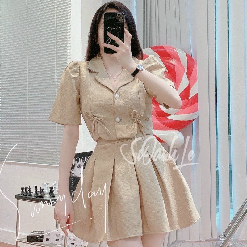 Set áo cổ vest phối chân váy xòe xấp ly thời trang công sở cho các bạn nữ, Set váy vest và chân váy xếp ly liền quần xinh xắn cho các bạn
