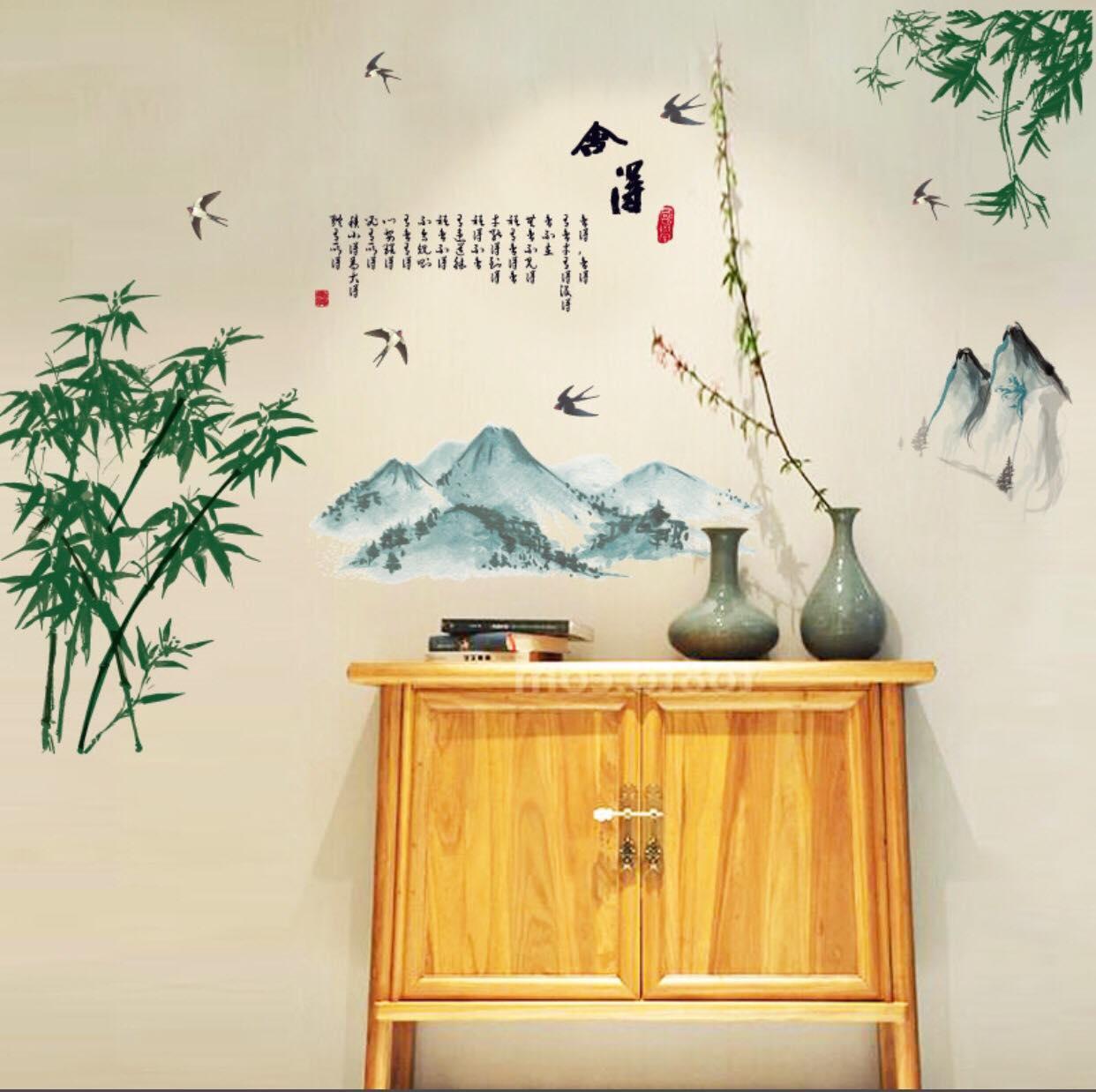 Decal dán tường mẫu cây tre phong cảnh núi non 3D phong thủy