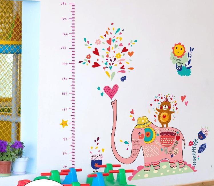 Decal dán tường Thước đo chiều cao voi hồng -T18-kiddecals