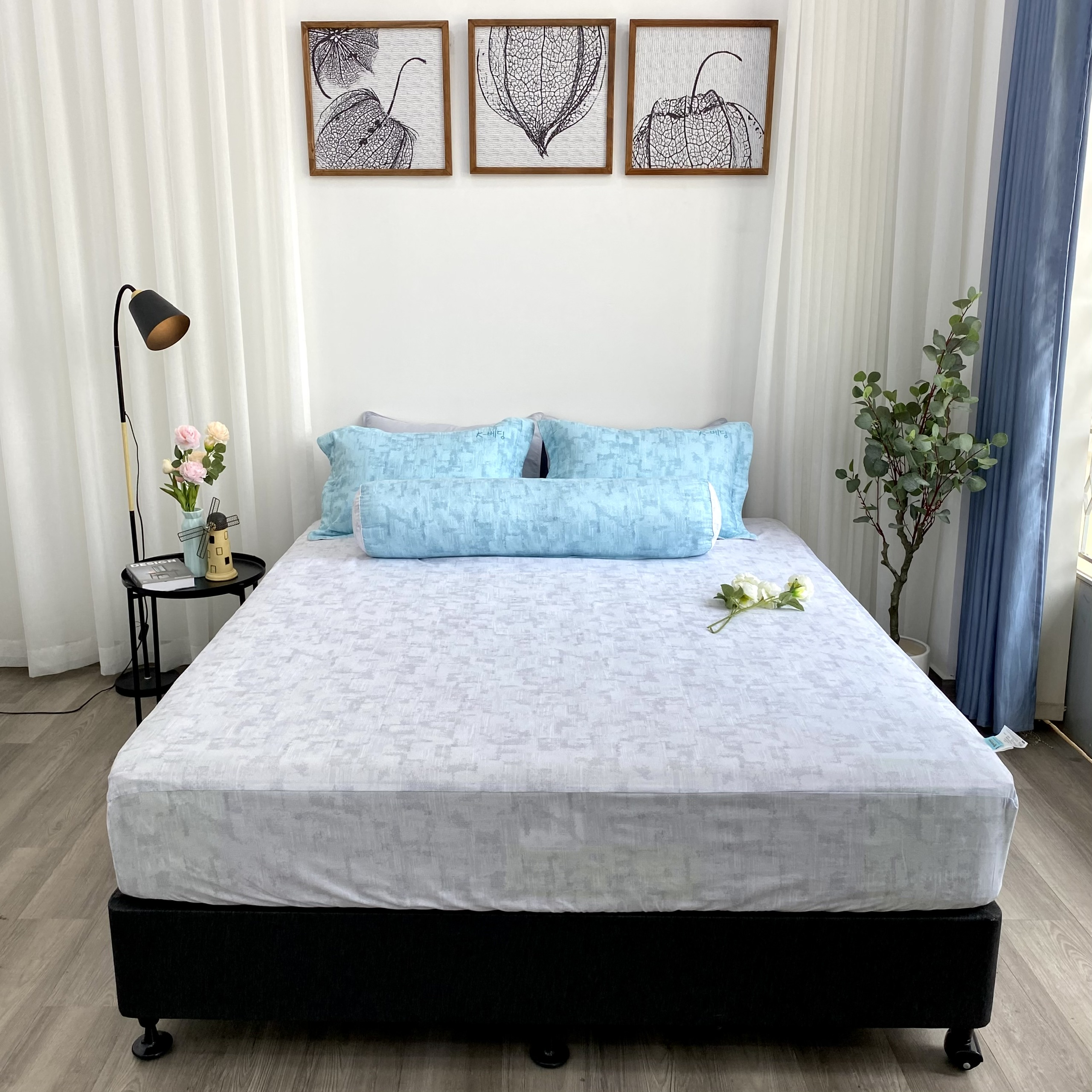 Bộ ga giường chun K-Bedding by Everon KMTP 114 Xám phối xanh - Chất liệu cao cấp MicroTencel nhập khẩu Hàn Quốc, thoáng nhẹ không bai xù (KHÔNG GỒM CHĂN)