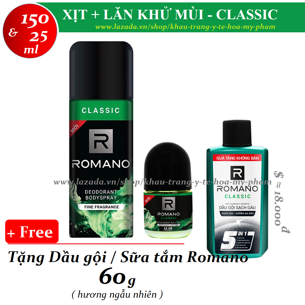 Romano -  Bộ Sản phẩm Xịt ngăn mùi toàn thân 150 ml + Lăn khử mùi 25 ml Classic + Tặng dầu gội / sữa tắm 60 g