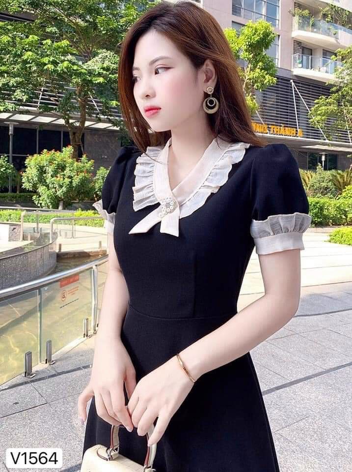 Đầm nữ dự tiệc màu đen phối cổ màu trắng