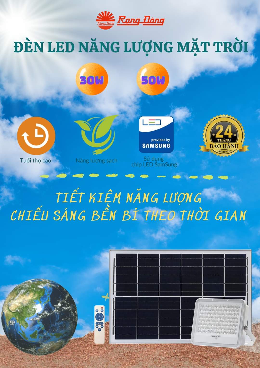 ĐÈN CHIẾU PHA NĂNG LƯỢNG MẶT TRỜI 50W RẠNG ĐÔNG [ HÀNG MỚI 10W - 30W - 50W ]