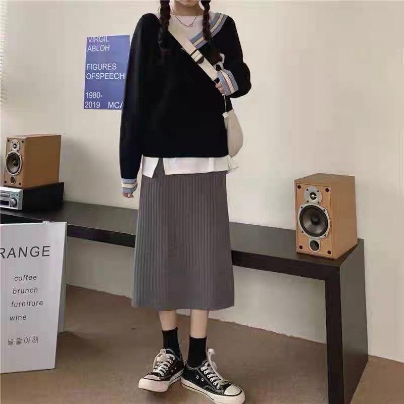 [Loại 1] Chân váy len MIDI Quảng Châu xẻ sau freesize MS150