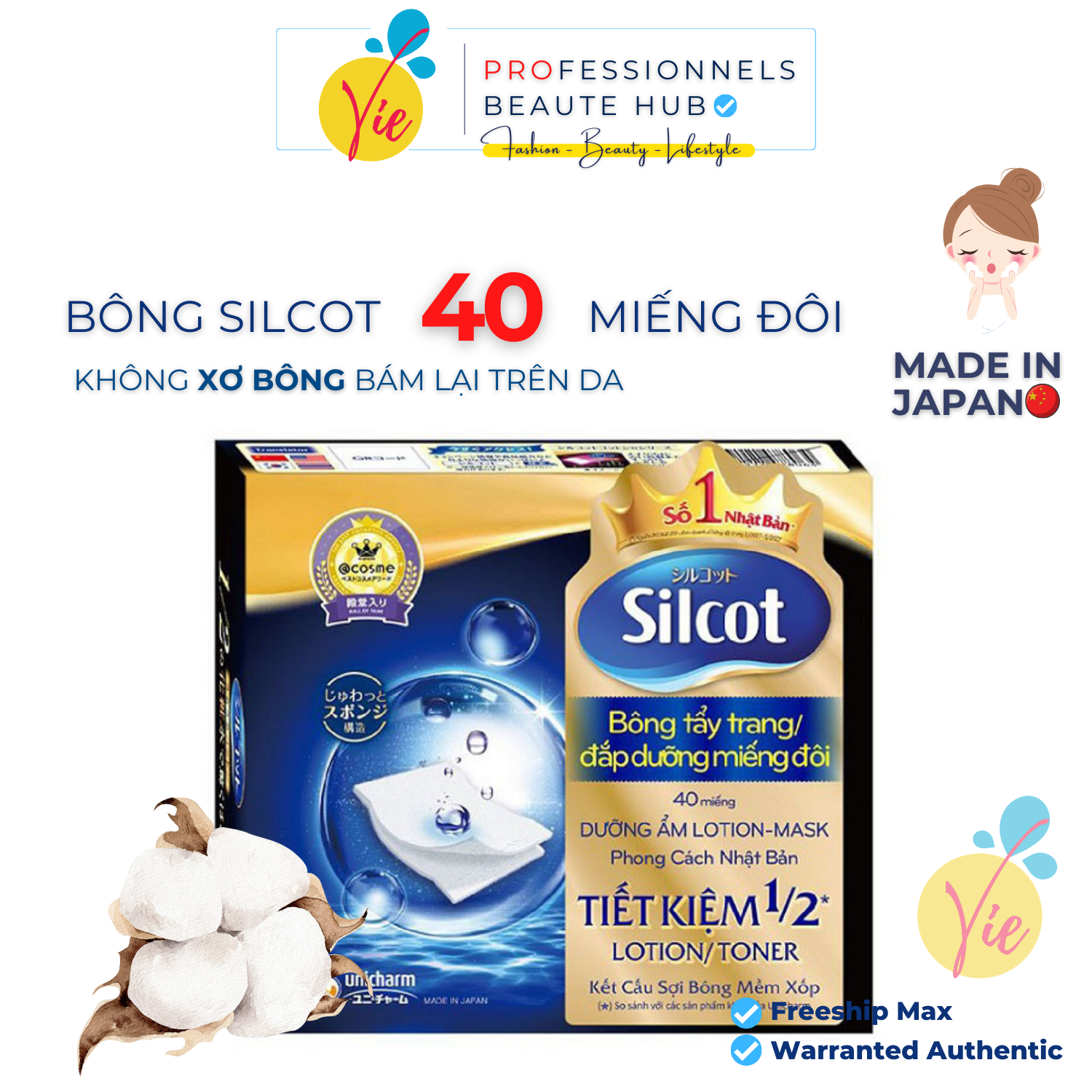 Bông Tẩy Trang, Đắp Lotion Silcot Unicharm 40 Miếng Đôi