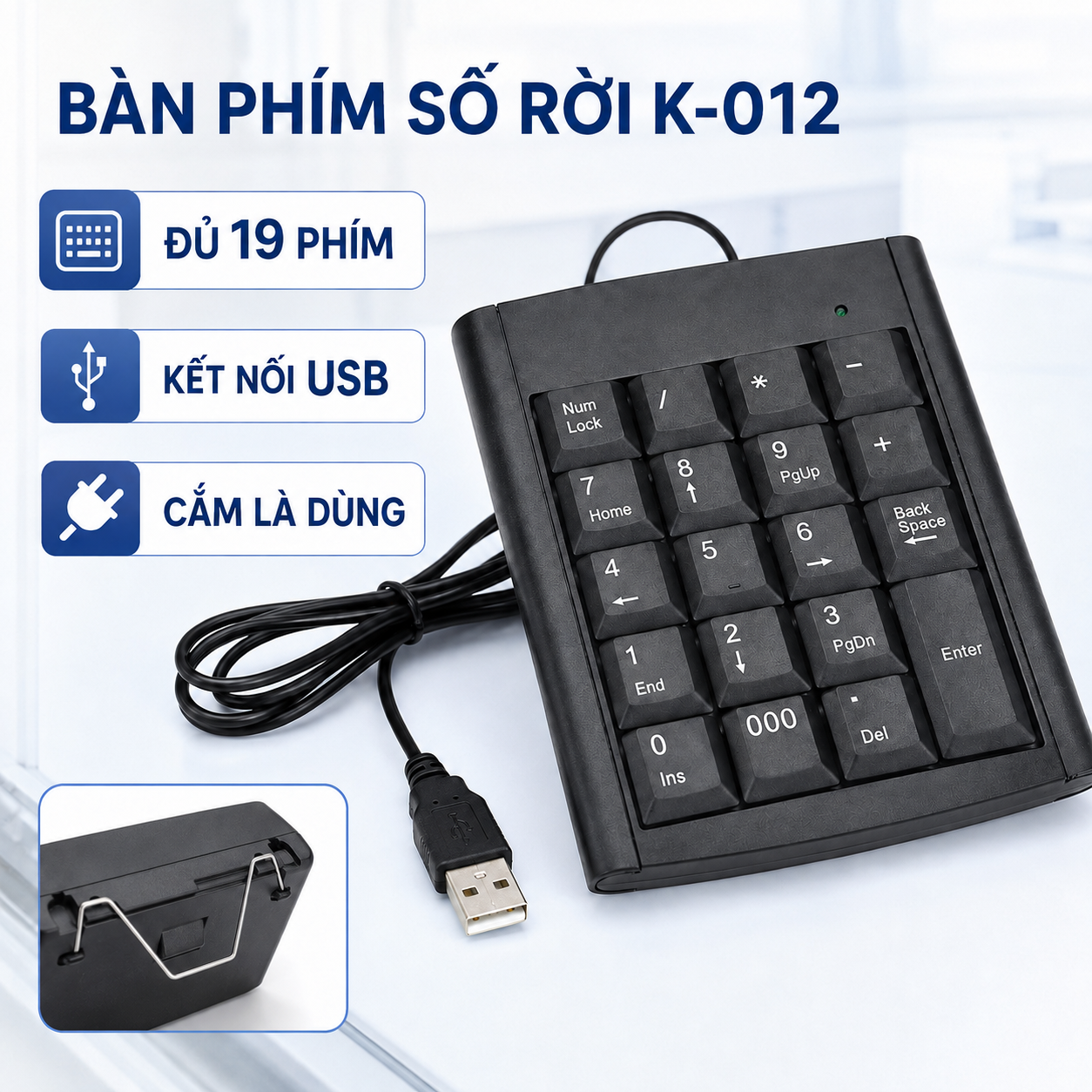 Bàn Phím Số Rời K-012 19 Phím Cổng USB Dùng Cho PC, Laptop