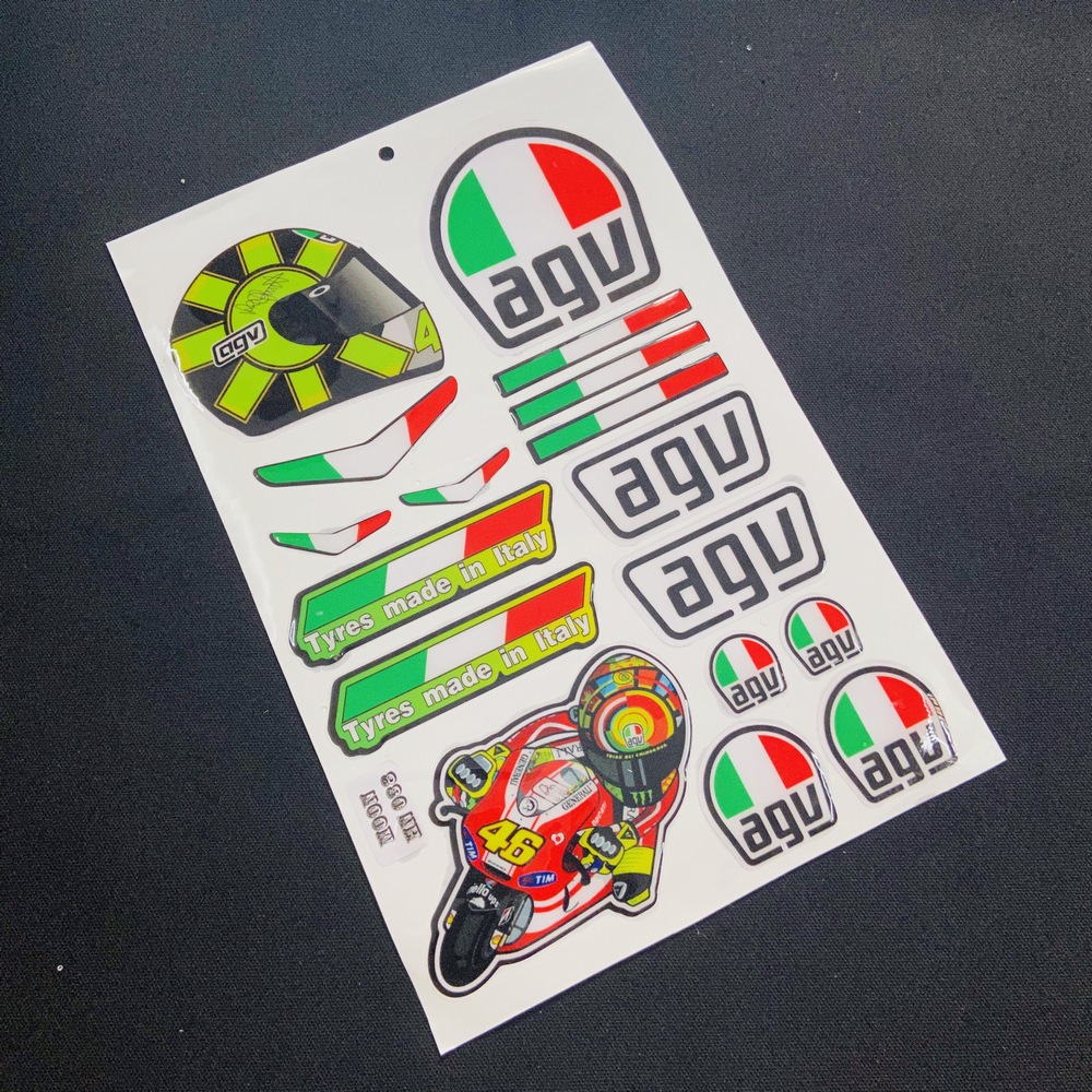 Tem nổi đổ keo rossi 46, nón agv dán trang trí xe máy