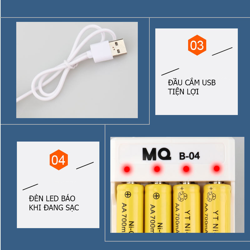 Bộ sạc pin AA/AAA (pin tiểu, pin đũa) 4 cổng, đầu cắm USB - Bmax - MQ B04