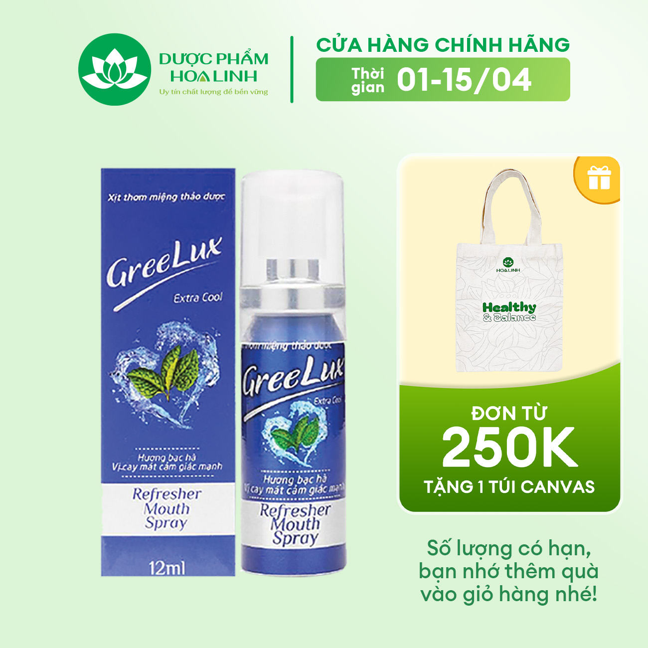 Xịt thơm miệng thảo dược Greelux Extra Cool 12ml
