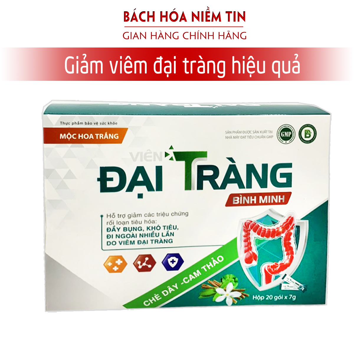 Đại Tràng Bình Minh Mộc Hoa Trắng - giúp tăng cường hệ tiêu hóa, giảm viêm, đau đại tràng cấp và mãn tính - Hộp 20 gói