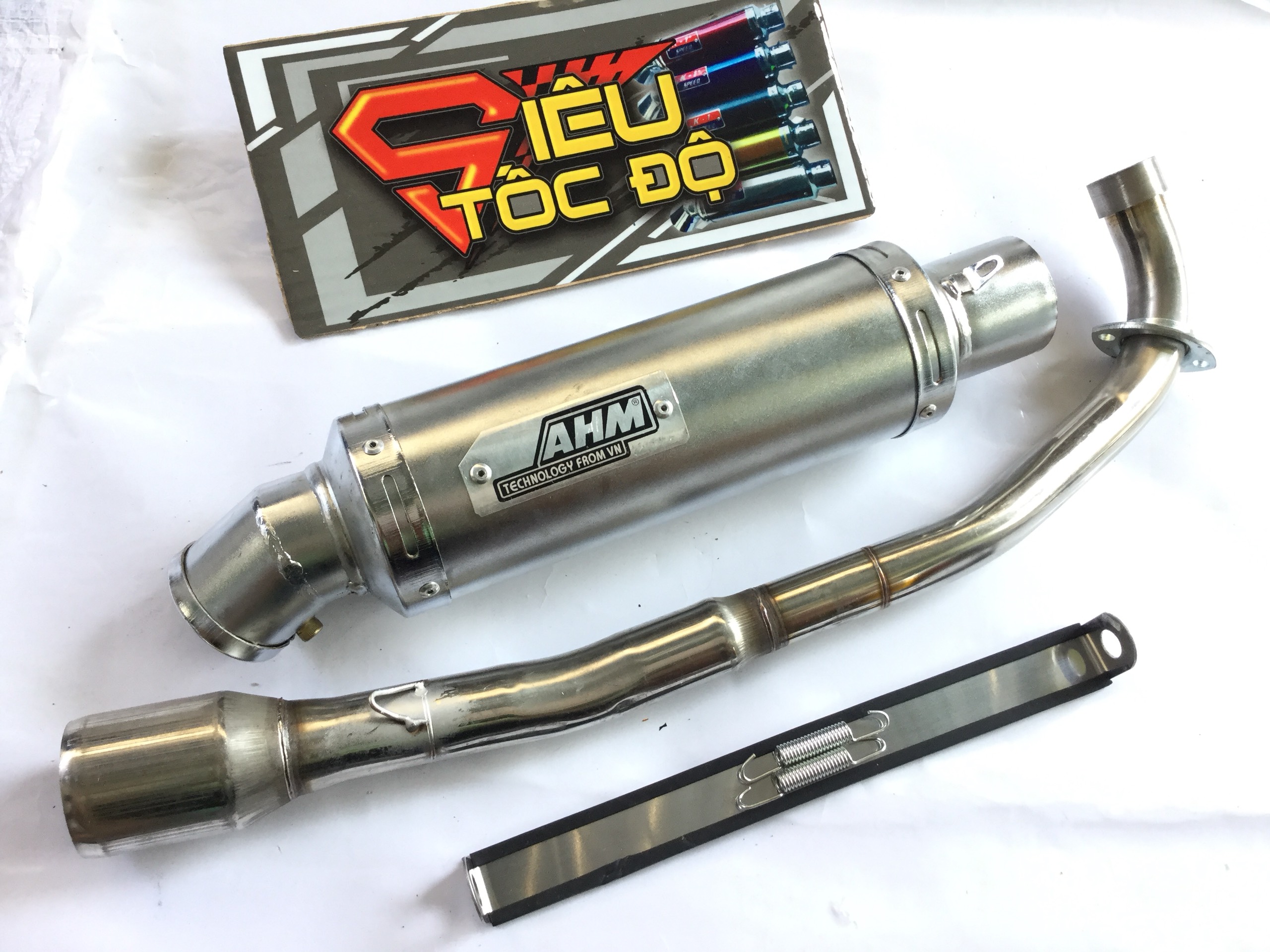 Pô ahm trắng full pass treo lò xo bao gồm cả cổ pô độ cho xe wave 50 - 100, cup, dream, 67, exciter 50cc,...