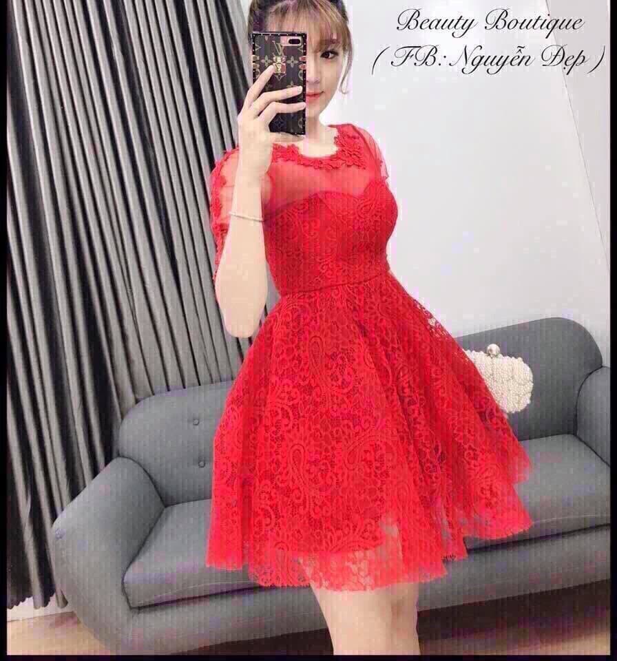 Đầm xòe ren kết bông xinh xắn