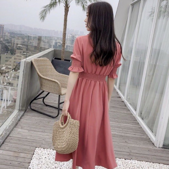 Đầm hồng ruốc thun eo