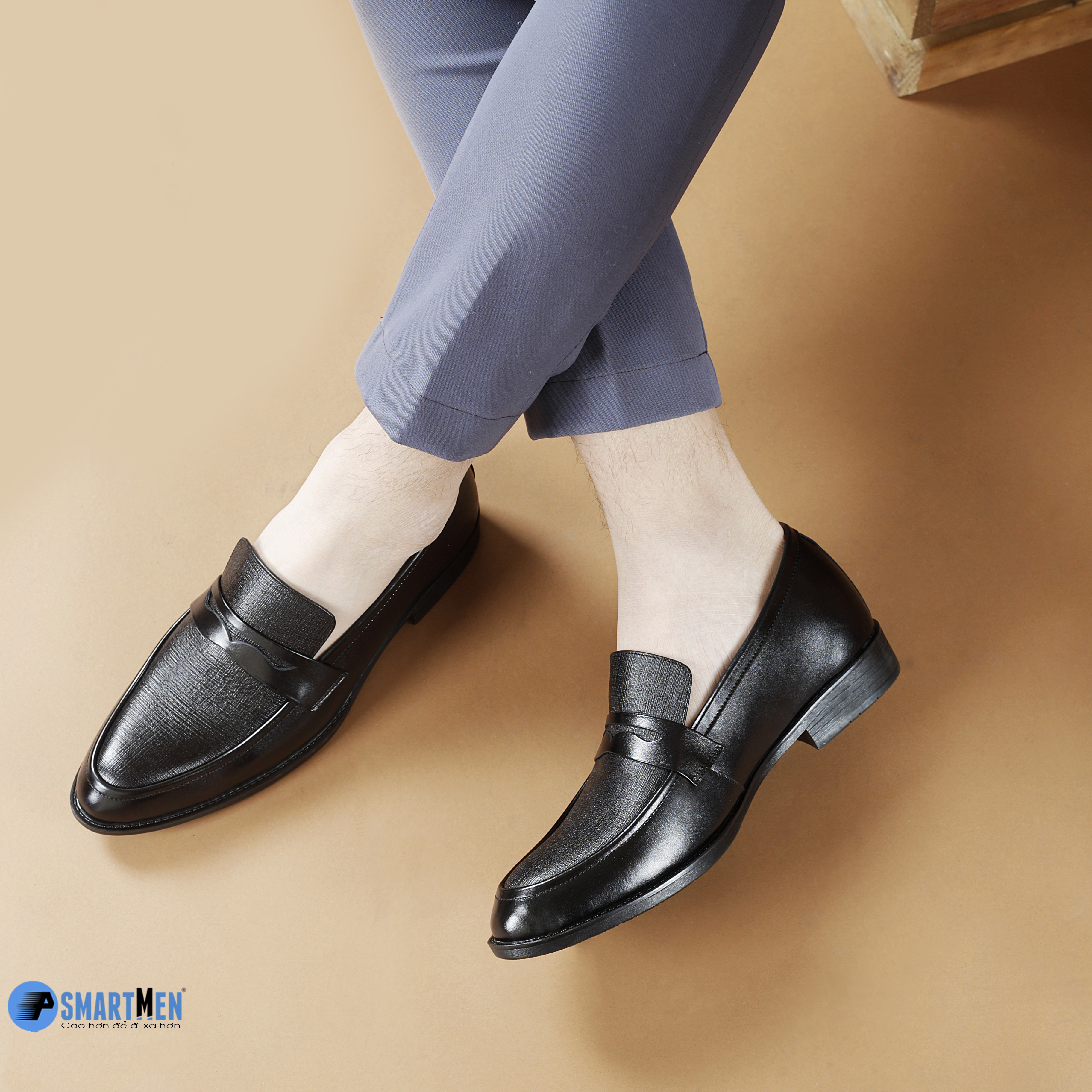 Giày lười công sở tăng chiều cao da bò SmartMen GL04 đen