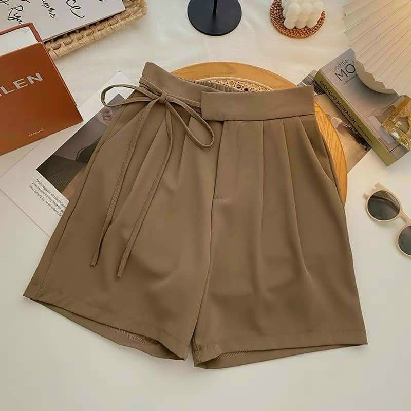 Quần short nữ cạp cao quần sooc nữ ống rộng cột dây nơ eo chất Ruby mềm mịn