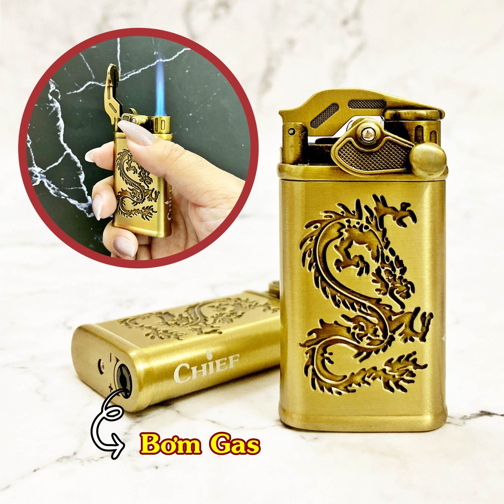Hột quẹt bật lửa khè chief búng tay đánh lửa hình rồng cf020 - -kim loại nguyên khối- bật lửa hột quẹt sinh tồn-có tại shop khai tâm