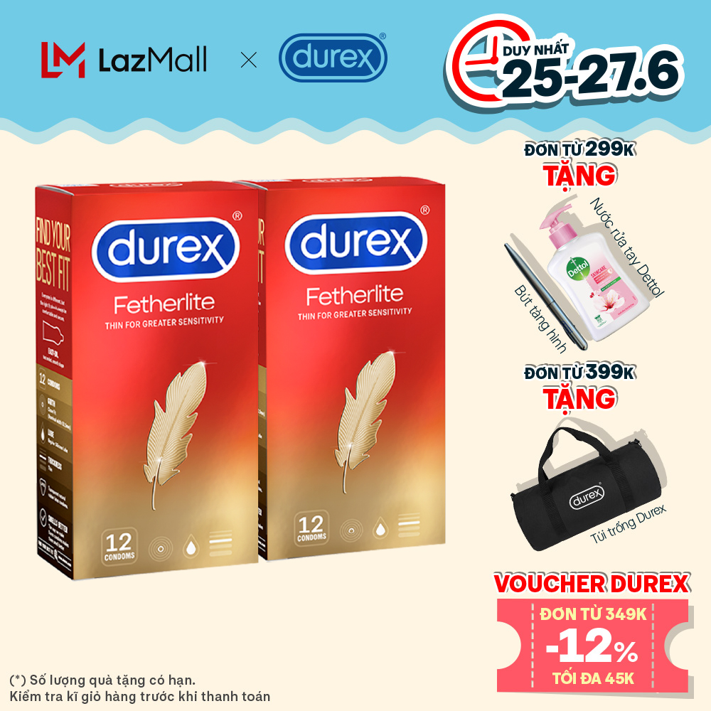 Voucher giảm tối đa 45K đơn từ 349K Bộ 2 hộp bao cao su Durex Fetherlite