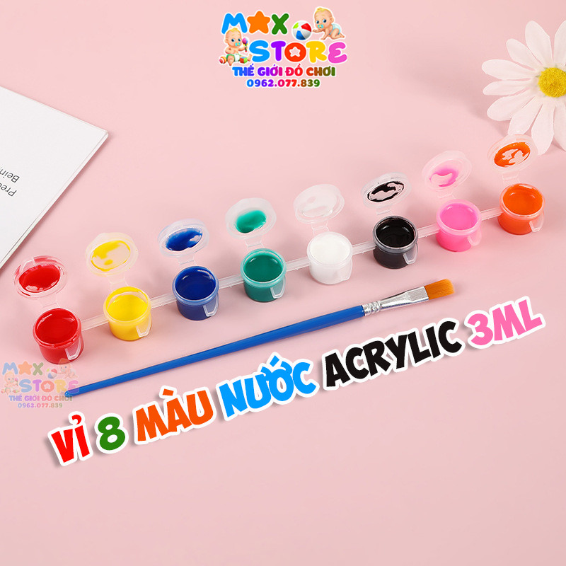 Vỉ màu nước acrylic vẽ tranh tô màu tô tượng 8 màu 3ml kèm cọ