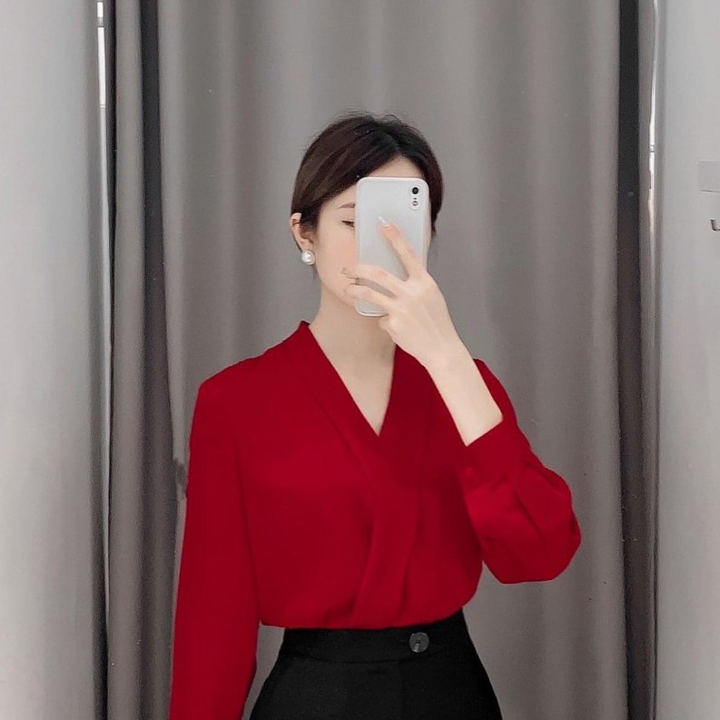 Áo sơ mi kiểu công sở nữ - áo sơ mi lụa cổ v chéo 037