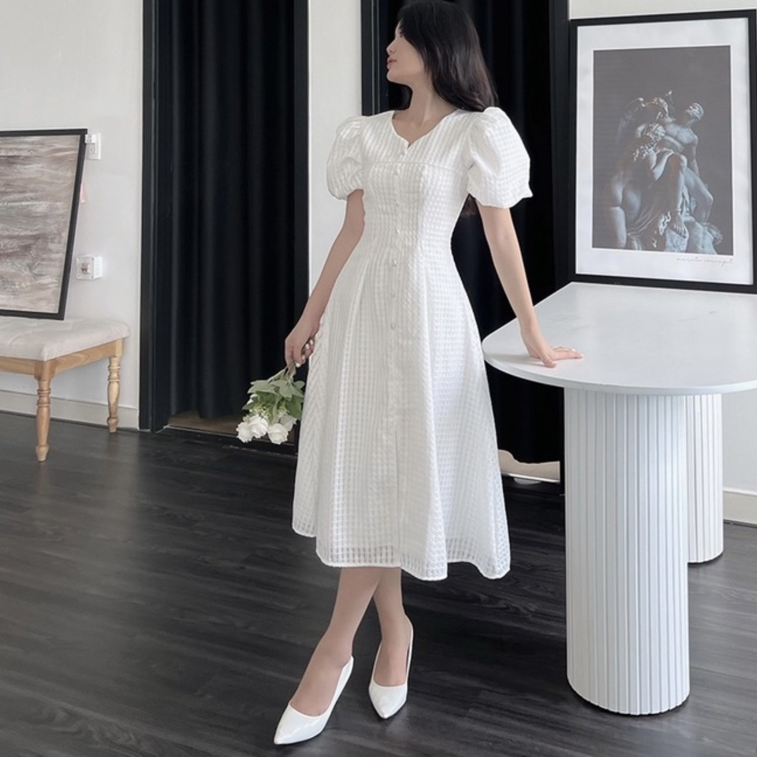 Đầm Dự Tiệc Tay Phồng Nút Bọc HNK365