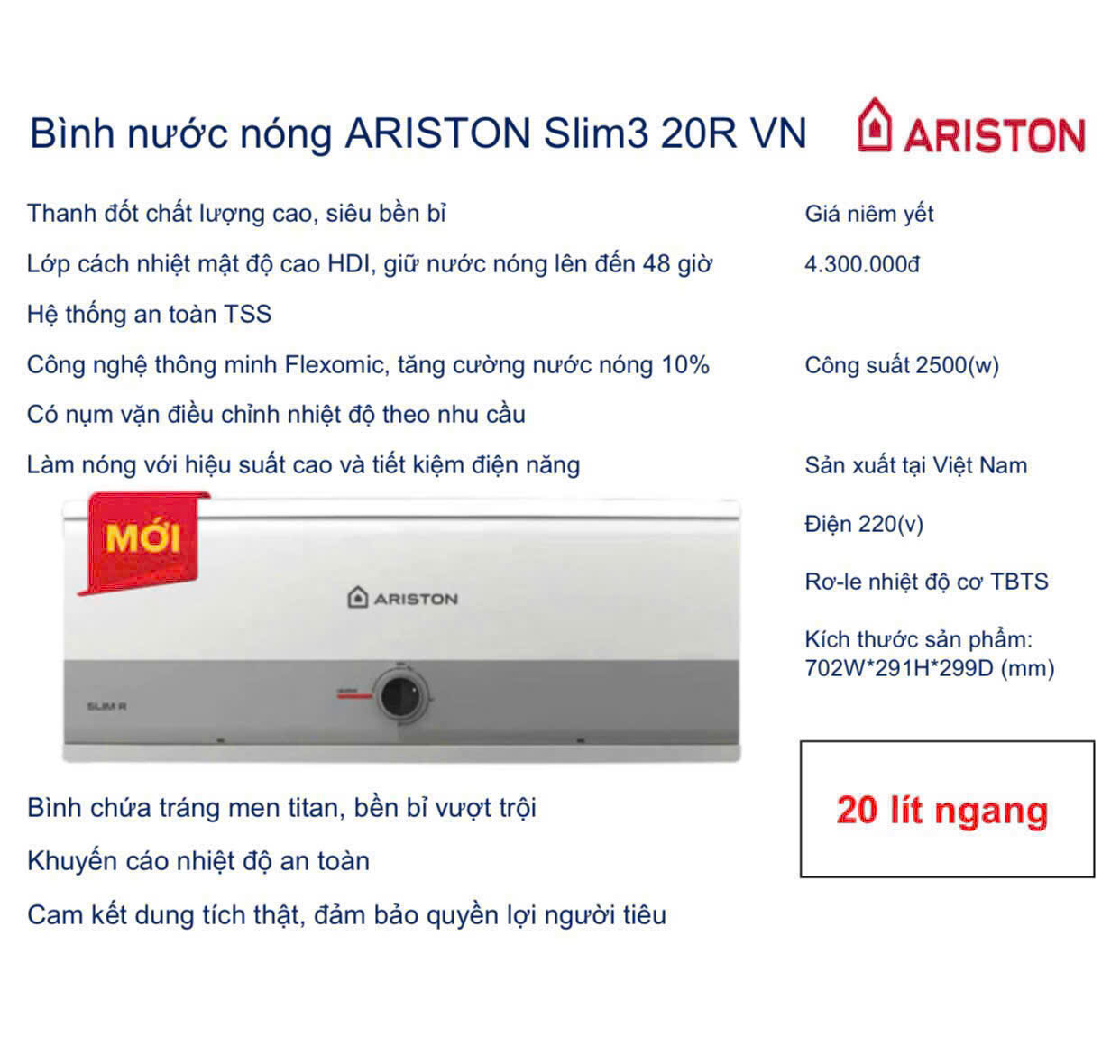 Bình nóng lạnh Ariston 20L ngang SL3 20R(http://tongkhobepchauau.vn/)