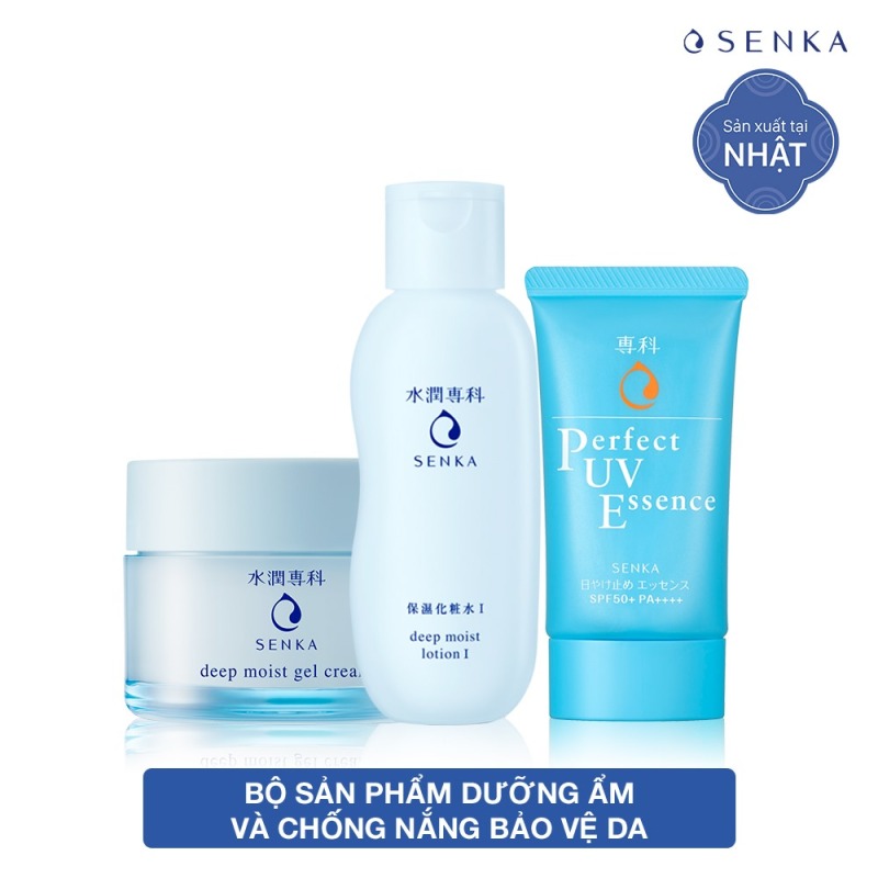 Bộ sản phẩm Senka dưỡng ẩm chuyên sâu - chống nắng và ngăn ngừa lão hóa (Senka deepmoist lotion + gel cream + UV essence) giá rẻ