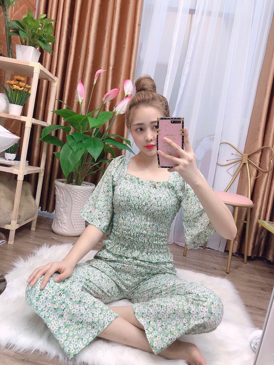 [HCM]Set bộ voan hoa cúc nhún bèo quần ống rộng tiểu thư