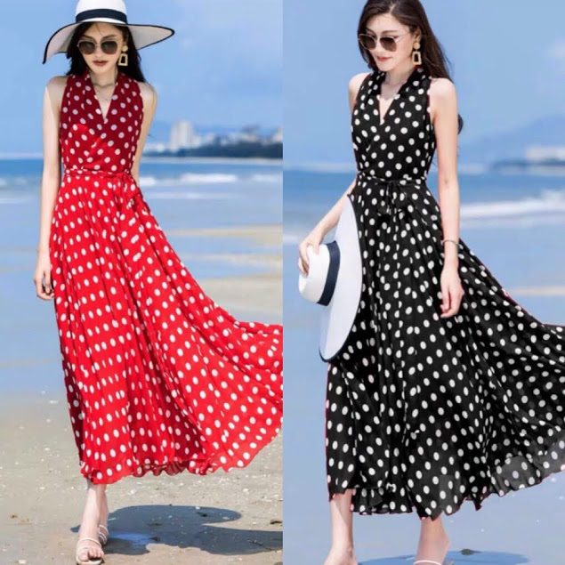 [HCM]ĐẦM CHẤM BI CỔ V KÈM DÂY THẮT