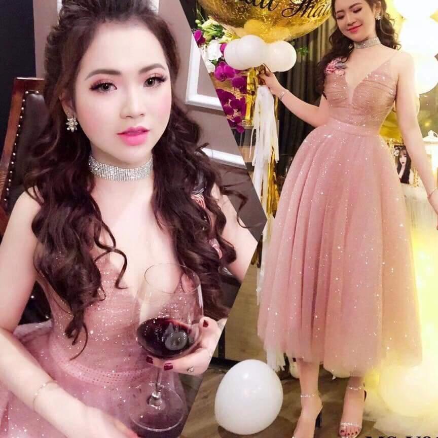 Đầm xòe kim sa cúp ngực kèm tag hoa