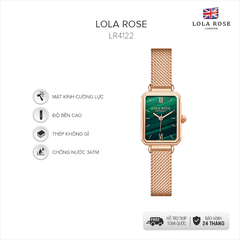 Đồng hồ nữ dây kim loại Lola Rose đá bảo thạch malachite cao cấp dây thép