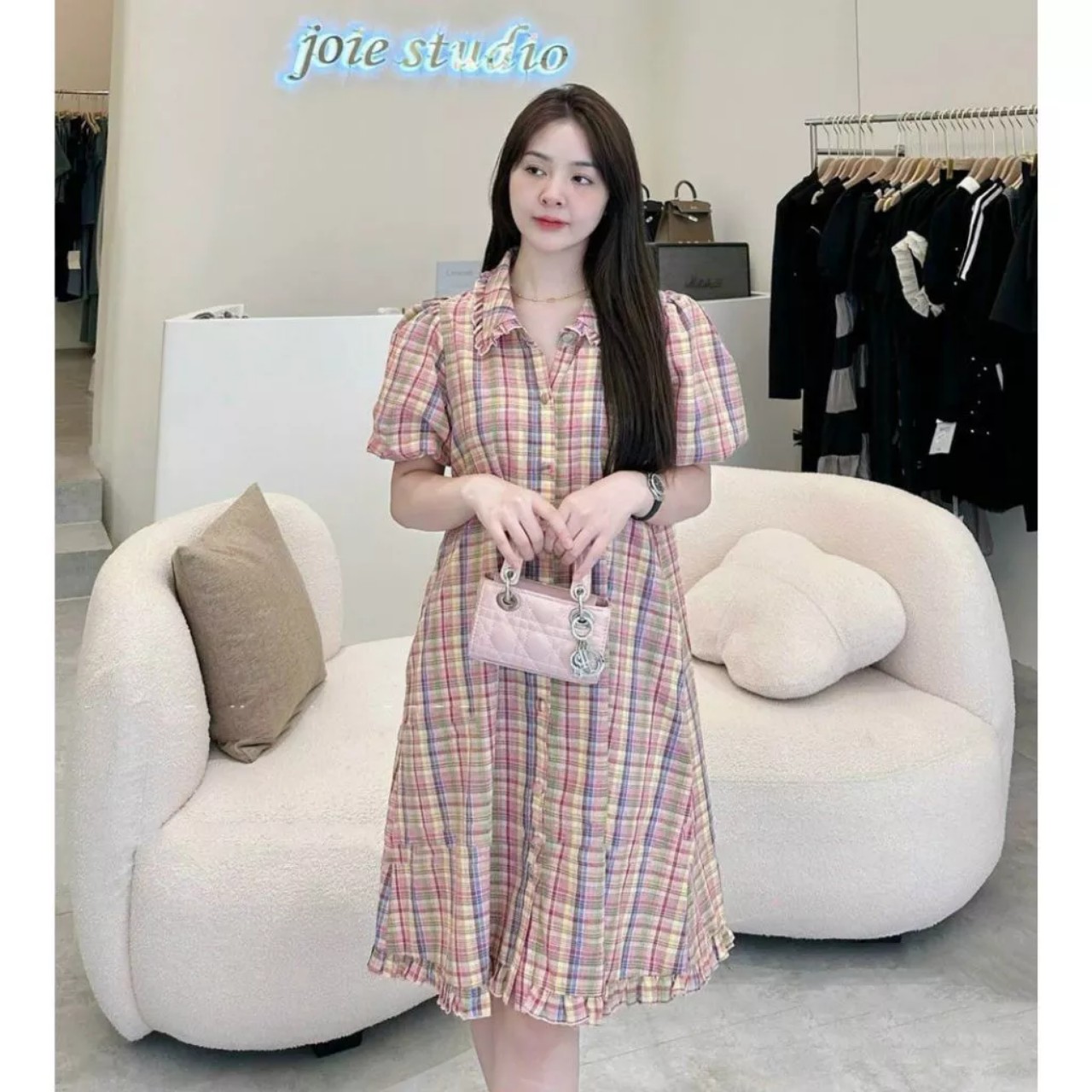 Đầm váy bầu công sở mùa hè cổ sơ mi phối kẻ cầu vồng cực xinh - váy bầu babydoll mặc đi làm