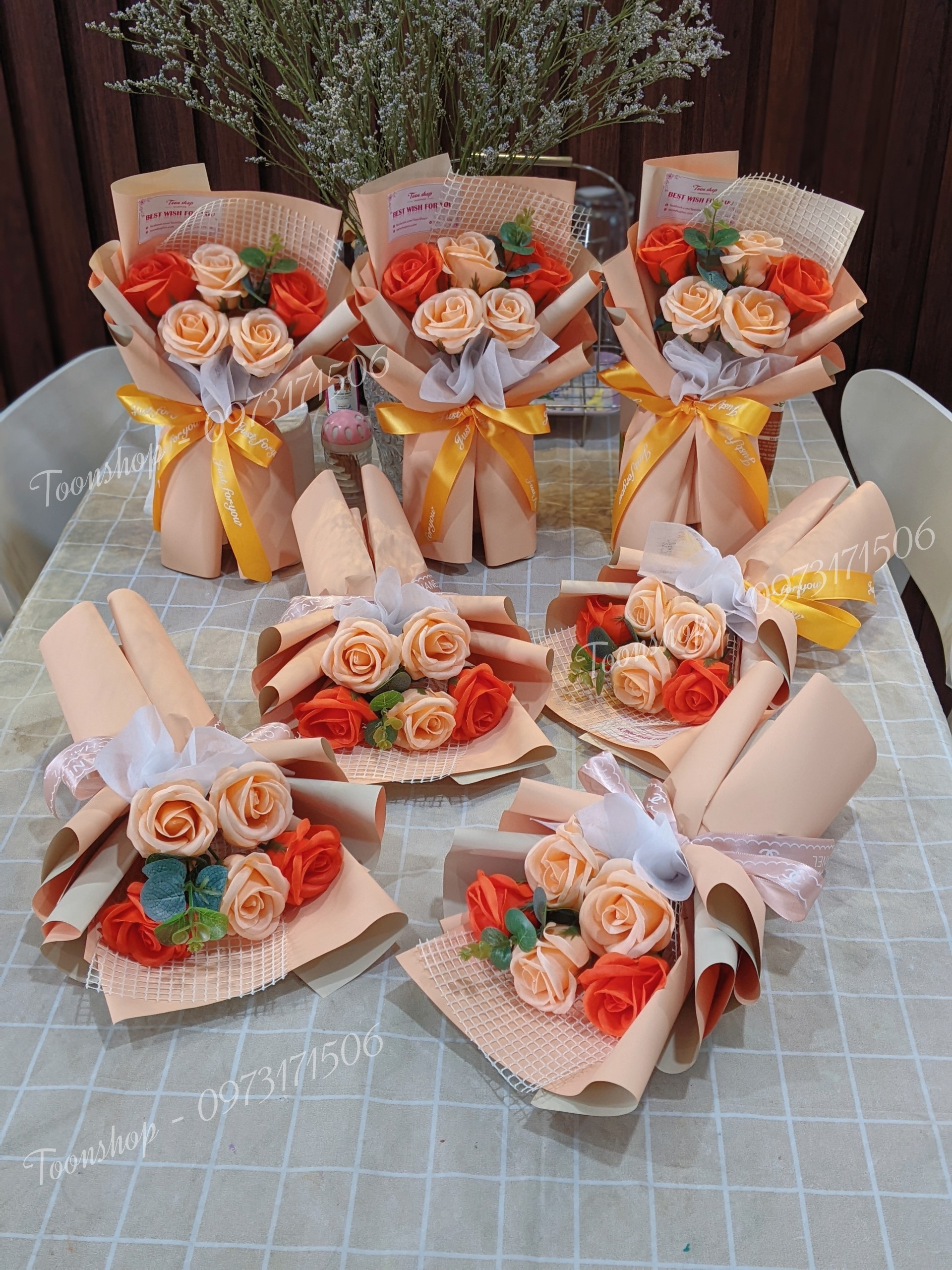 Bó hoa sáp 5 bông kèm túi-thiệp-đèn [set quà tặng 20/10; 8/3; quà tặng công ty. sự kiện...]