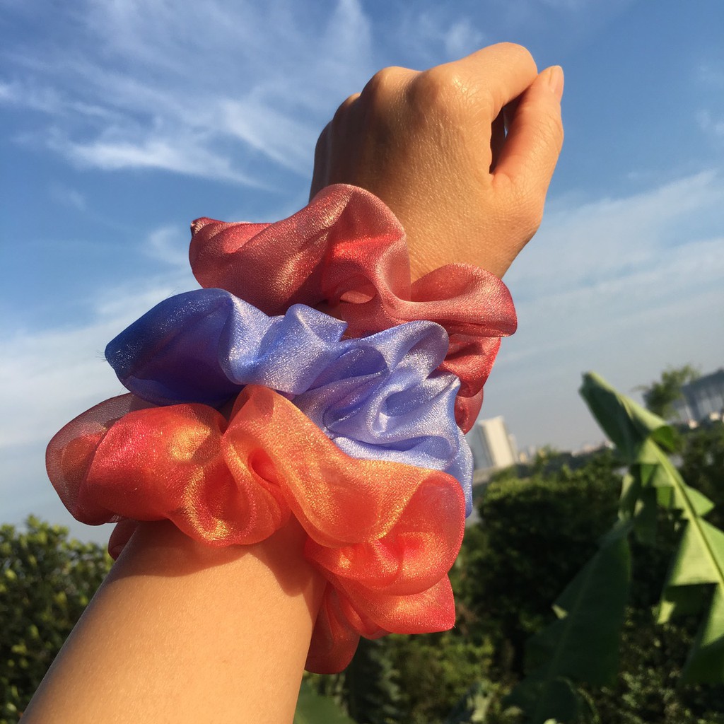 {Ảnh Thật} Cột Tóc Vải Scrunchies Von Lụa Ánh Kim Mềm Xịn