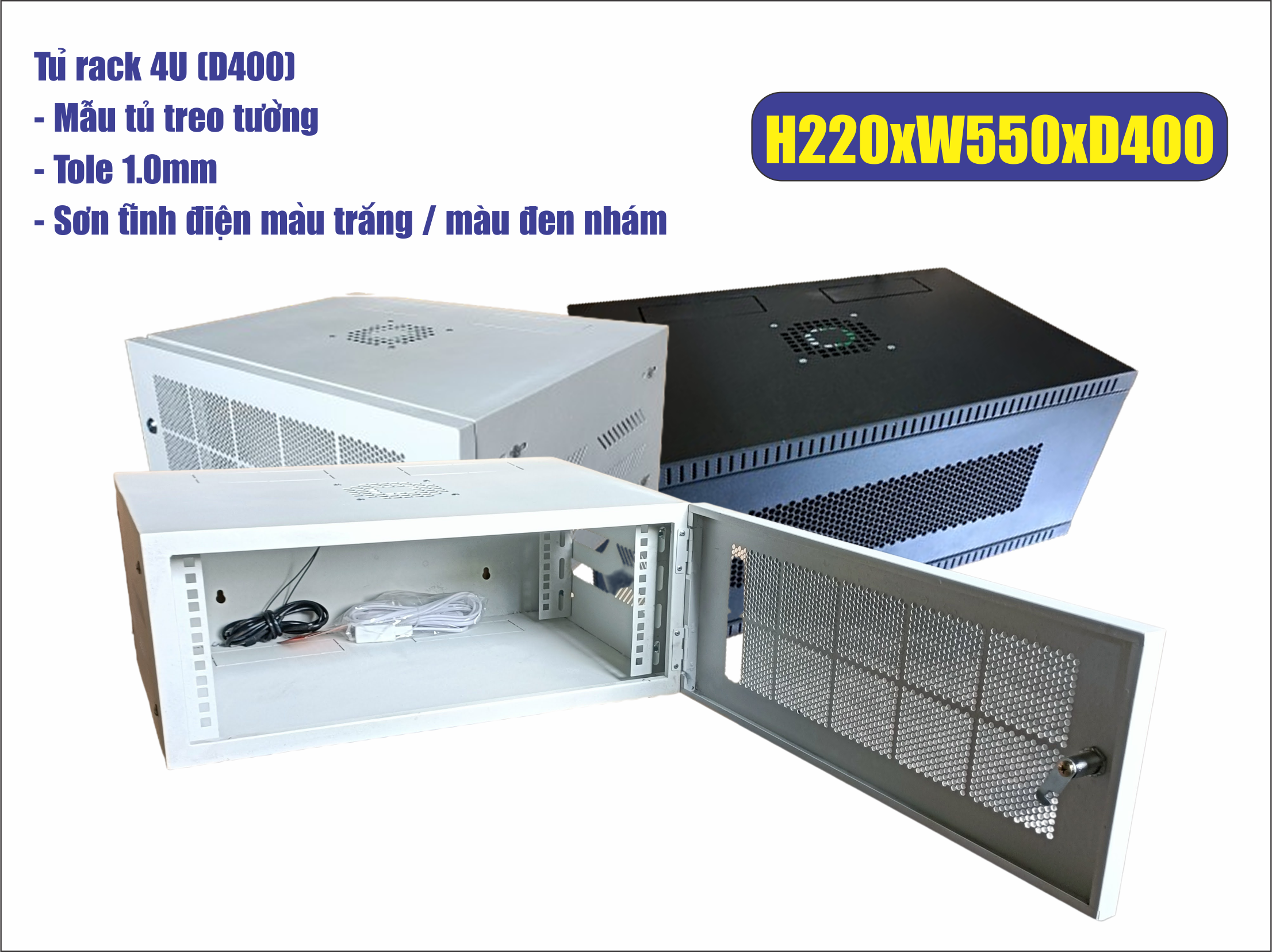 TỦ RACK (TỦ MẠNG) 4U (D400) treo tường (màu xám trắng/màu đen) - mẫu treo tường