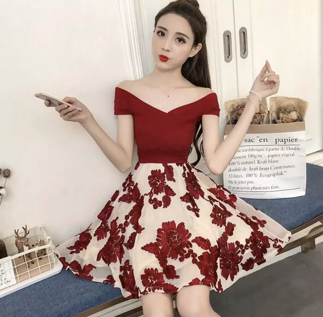 [HCM]ĐẦM XÒE TRỄ VAI THIẾT KẾ HỞ LƯNG - V49