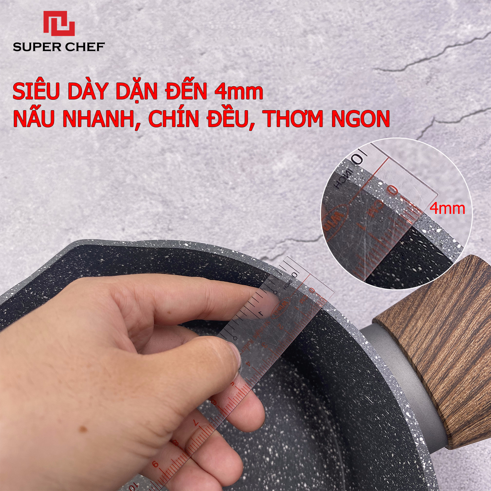 Chảo Chống dính Vân Đá Super Chef 2 miệng rót Siêu Bền Bỉ (20-24-28 cm)