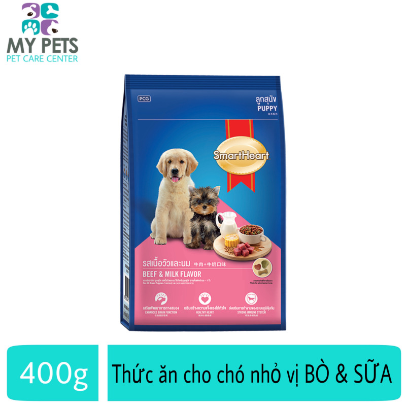 Thức ăn dành cho chó nhỏ vị bò nướng và sữa - Smartheart Puppy gói 400g Cung cấp dinh dưỡng tăng cường hệ miễn dịch