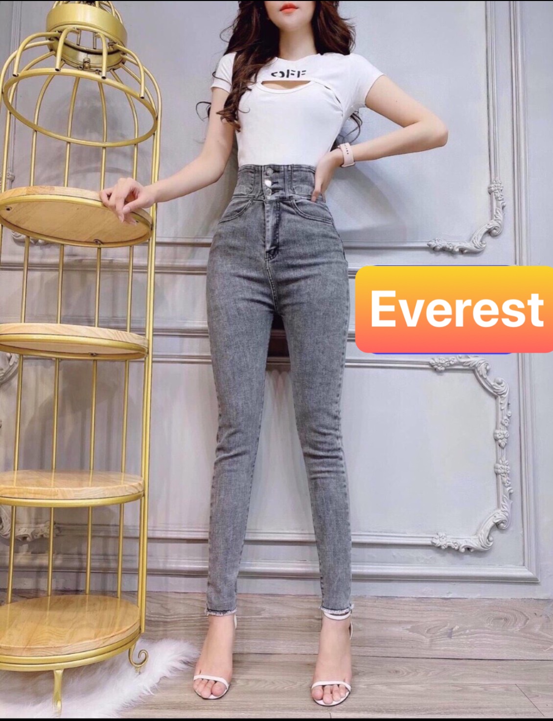 QUẦN JEAN NỮ CHẤT BÒ XÁM BẠC 3 CÚC KIỂU LƯNG CAO NÂNG MÔNG DB-1069 EVEREST FASHION