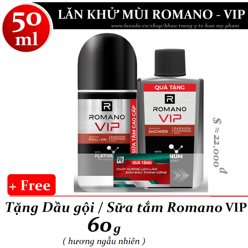 Romano - Lăn khử mùi Vip Passion mạnh mẽ bí ẩn 50 ml + Tặng dầu gội / sữa tắm 60 g