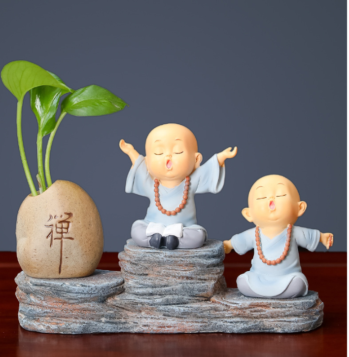 Bộ tượng chú tiểu hòa thượng siêu dễ thương mang sự an nhiên, bộ bao gồm đế+ chú tiểu+chậu cây, trưng bày, quà tặng