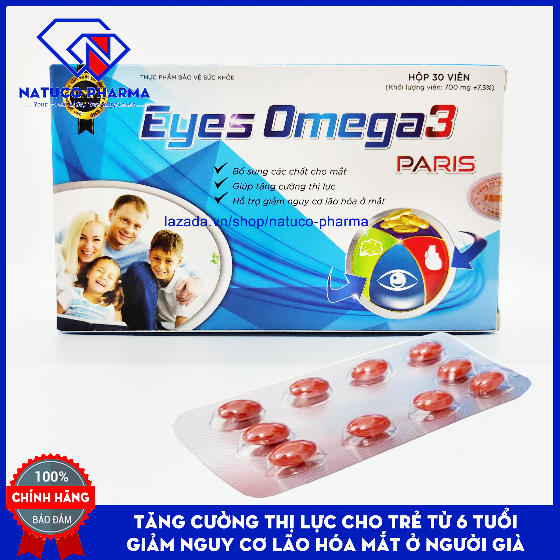 Viên uống tăng cường thị lực Eyes Omega 3 Paris Dầu gấc, Dầu cá - giúp tăng cường thị lực, giảm nguy cơ lão hóa ở mắt - Hộp 30 viên Chuẩn GMP bộ Y tế