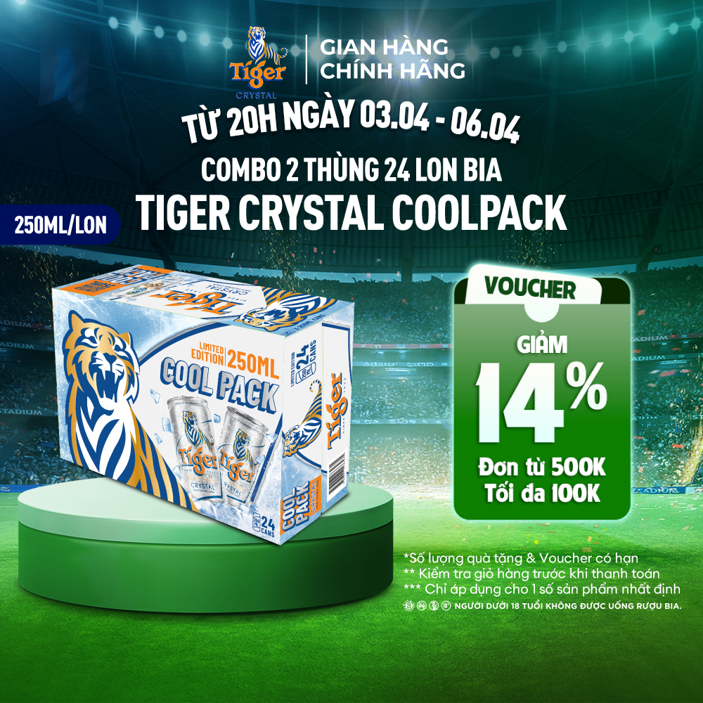 Thùng 24 lon bia Tiger Crystal Coolpack 250ml/lon