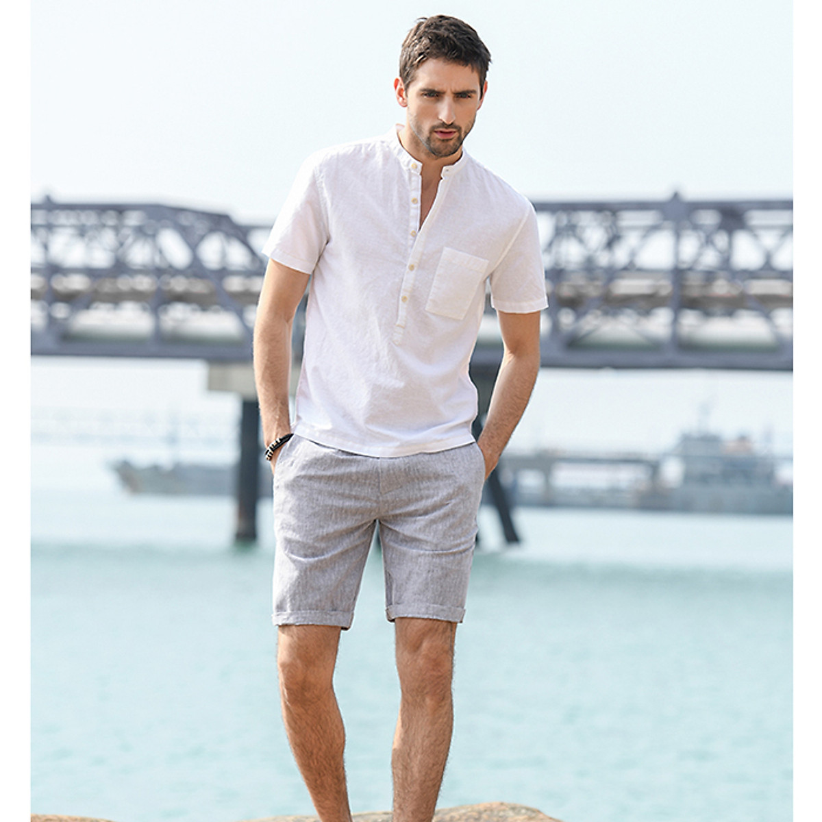 Áo Sơ Mi Linen Cổ Tàu SLINEN (Trắng, Xám)