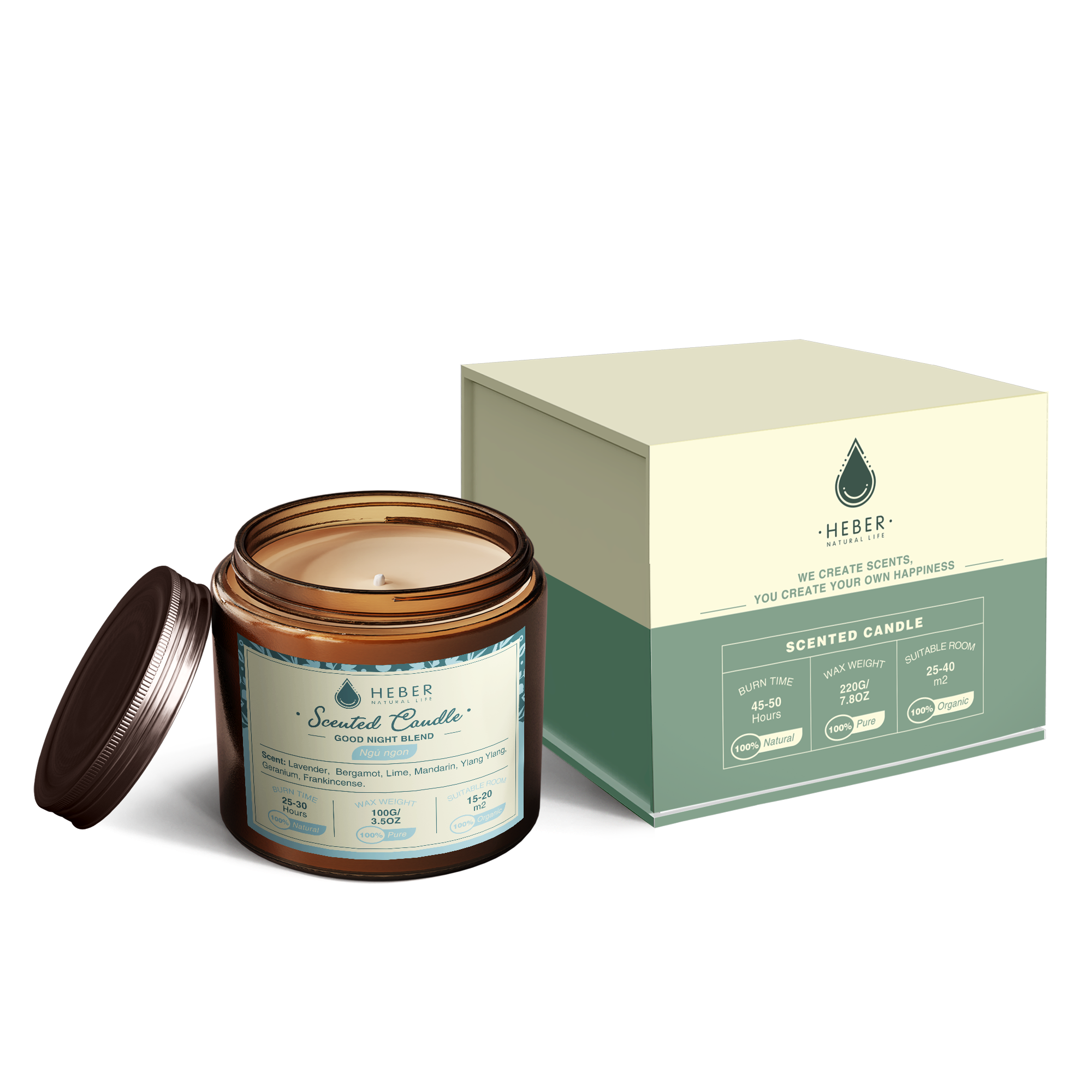 Nến Thơm Ngủ Ngon - Good Night Scented Candle Heber Natural Life Thiên Nhiên Cao Cấp Thơm Phòng Thư Giãn 100g & 220g