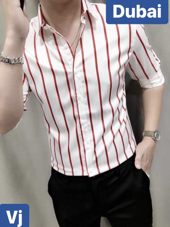 ÁO SƠ MI LỤA NAM CHỐNG NHĂN TRẮNG SỌC ĐỎ CAO CẤP - DUBAI FASHION