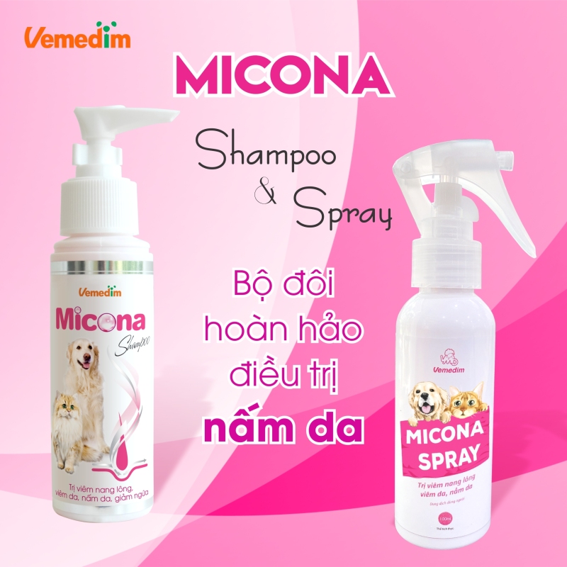 Sữa tắm phòng trị nấm chó, mèo Micona Shampoo - Vemedim - bộ đôi trị nấm Micona Shampoo & Micona Spray